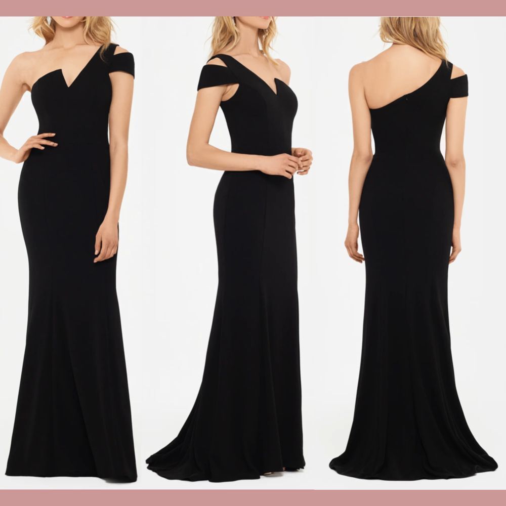 NWT $239 Betsy & Adam [ 2 ] Black One-Shoulder Scuba Crepe Velvet‎ Gown #Q951
